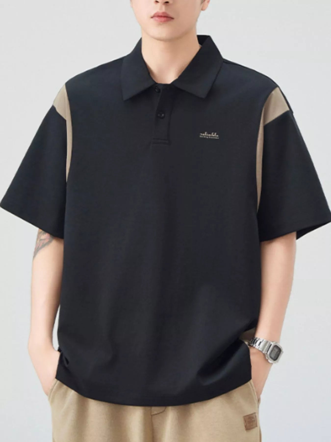 Plus Size Button Detail Short Sleeve Polo in Khaki Green for Men