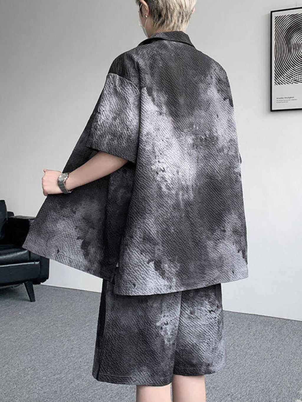 Plus Size Tie-Dye Print Shirt and Shorts Set in Gum Leaf for Men