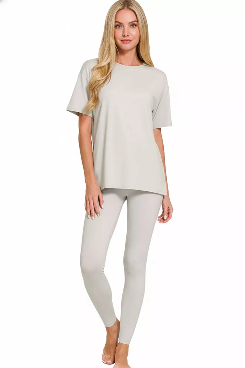 Brushed Dty Microfiber Short Sleeve Top and Pants Loungewear Set in Light Cement for Women