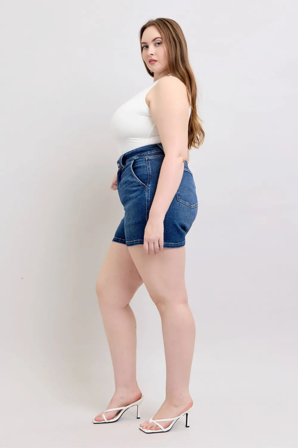 Double Button Waistband Denim Shorts Plus Size for Women