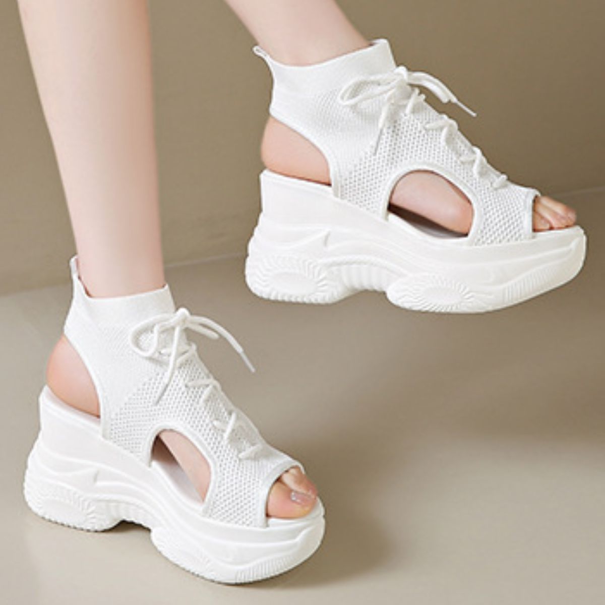 Cutout Mesh Wedge Sandals in White Lace for Women