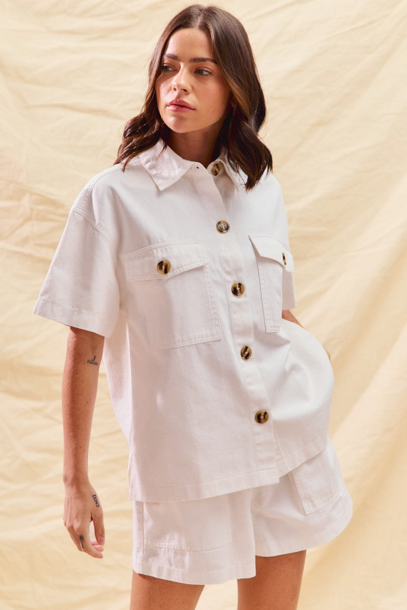 Button Down Denim Game Day Top and Shorts Set in Off White for Women
