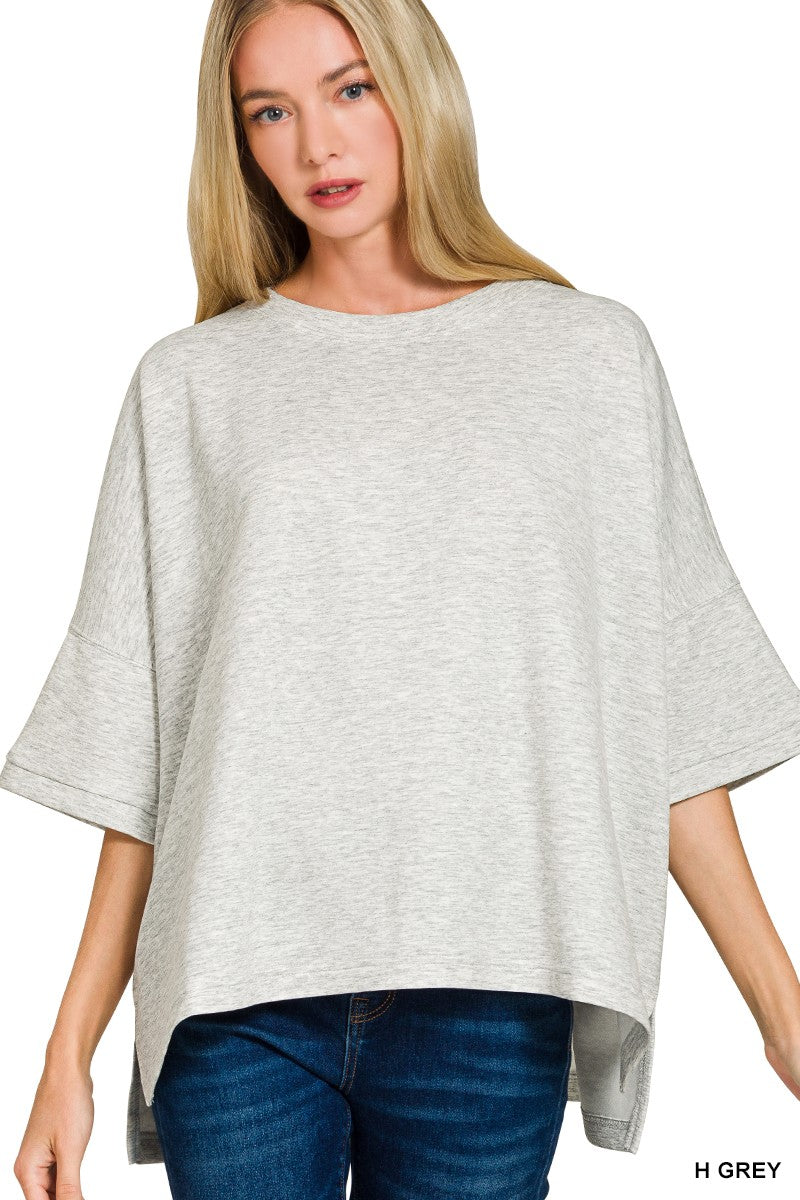 Scuba Round Neck Top with Side Slits in Heather Grey for Women