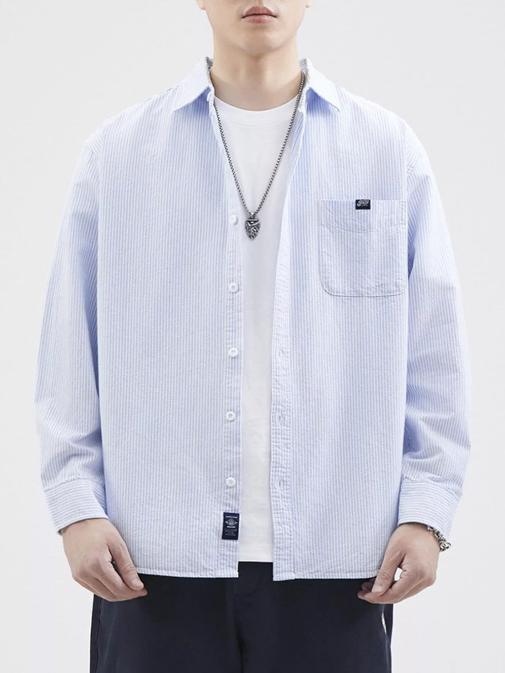 Plus Size Striped Button Up Long Sleeve Shirt in Light Blue for Men