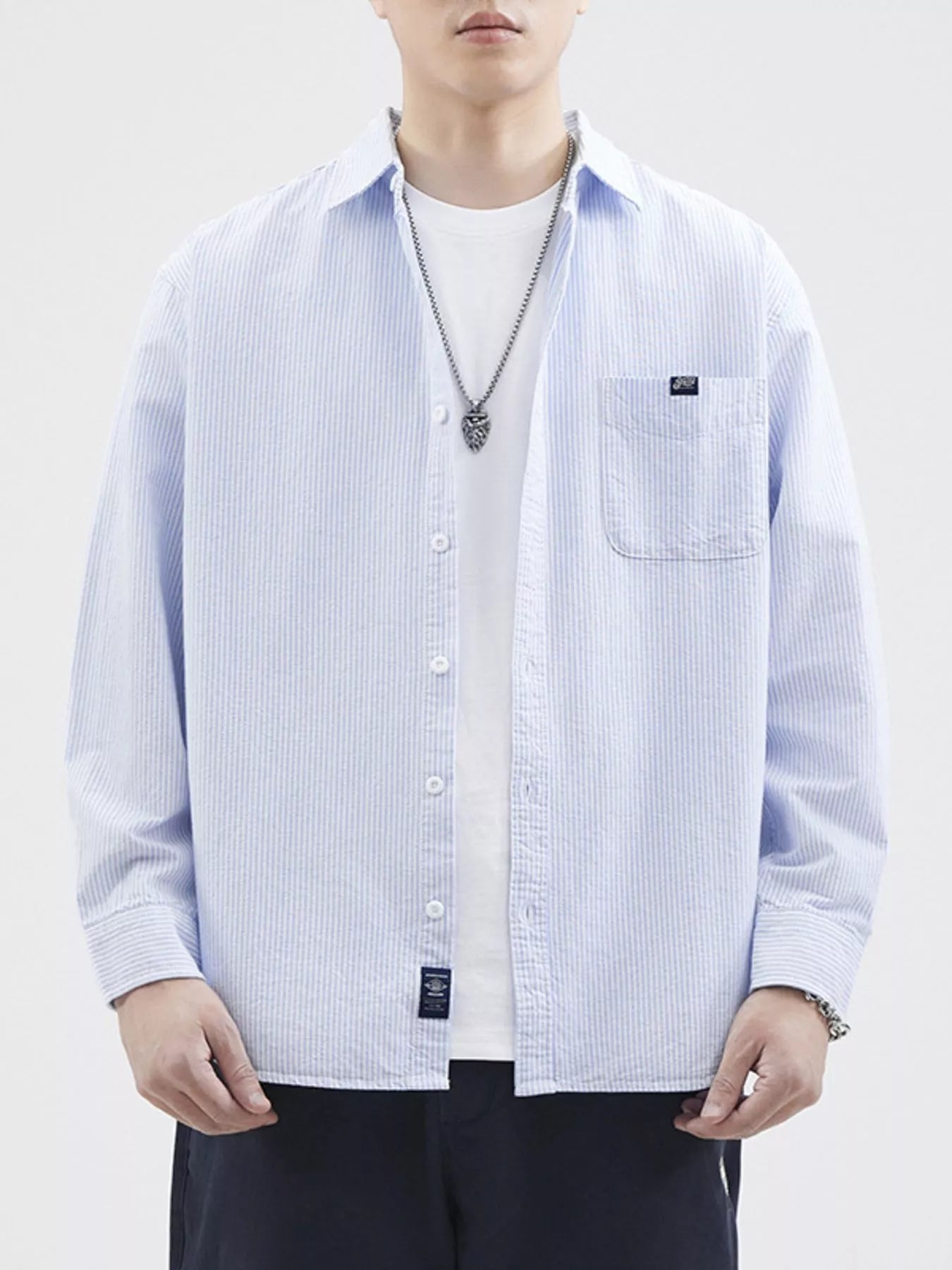 Plus Size Striped Button Up Long Sleeve Shirt in Light Blue for Men