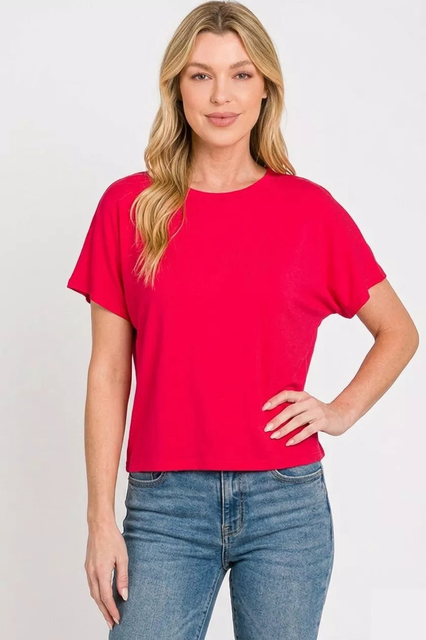 Round Neck Short Sleeve Cropped T-Shirt in Ruby for Women