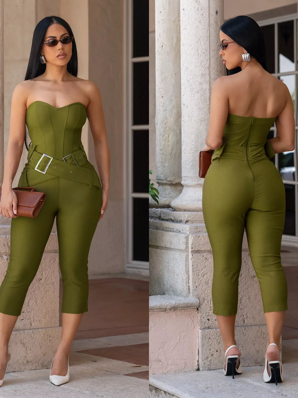 Belted Tube Skinny Jumpsuit in Moss for Women