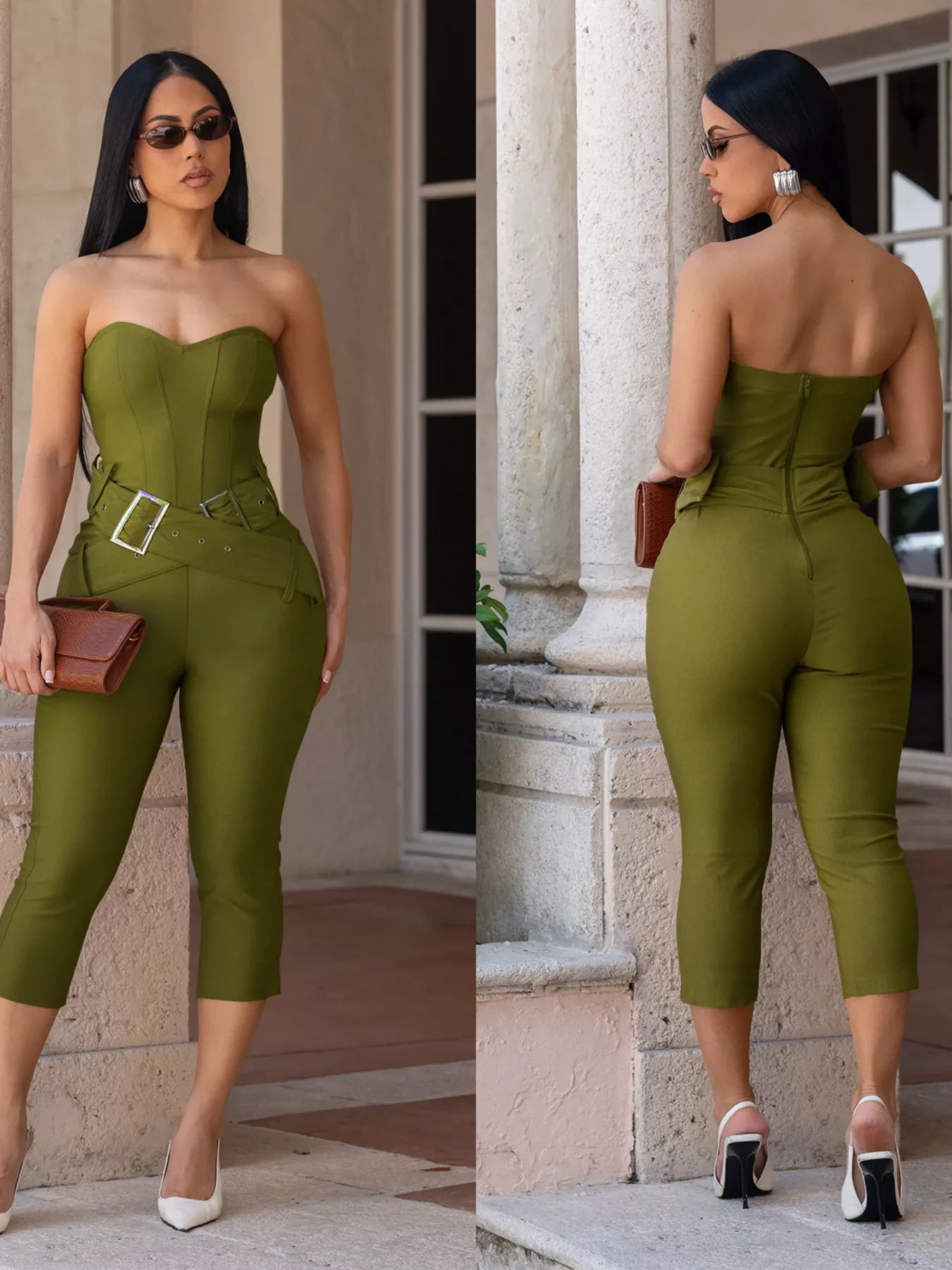 Belted Tube Skinny Jumpsuit in Moss for Women