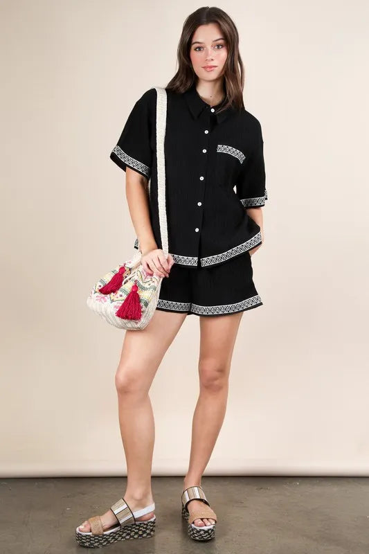 Crinkled Woven Shirt Top & Shorts Set for Women