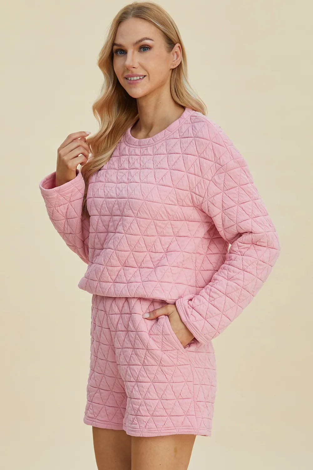 Plus Size Texture Round Neck Long Sleeve Top and Shorts Set in Pink for Women